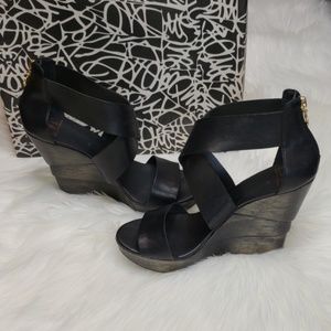 DVF OPAL Black Leather Platform Wood Wedge Heels